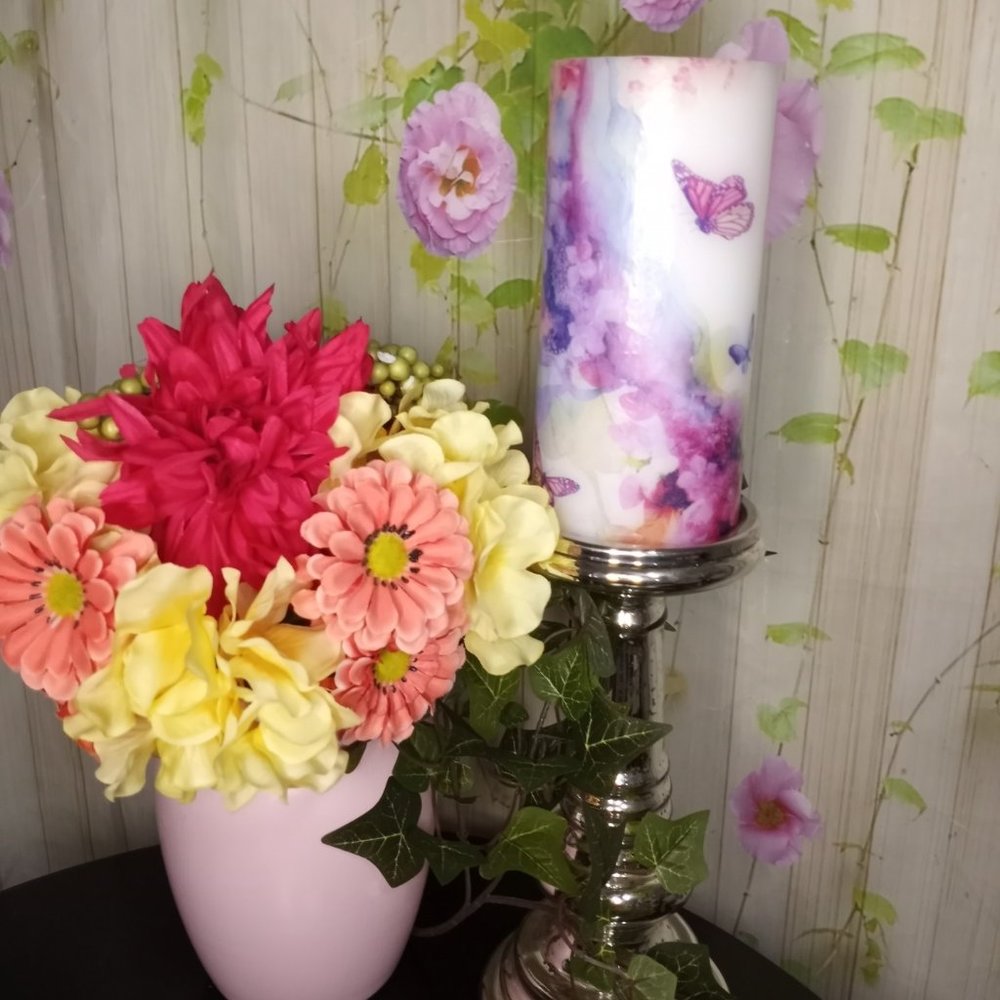 Tall Pillar Candle Butterfly Decoupage Unscented